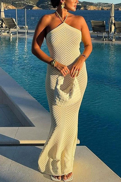 Halter Open Back Hollow Out Knit Bodycon Maxi Dress