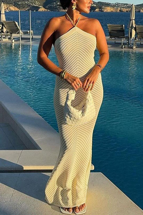 Halter Open Back Hollow Out Knit Bodycon Maxi Dress