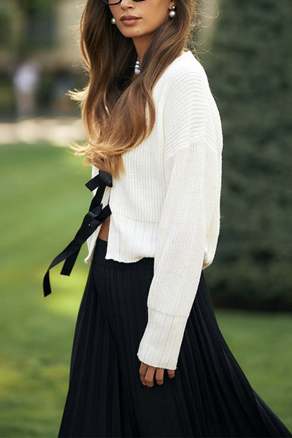 V Neck Bow Tie Front Sweater