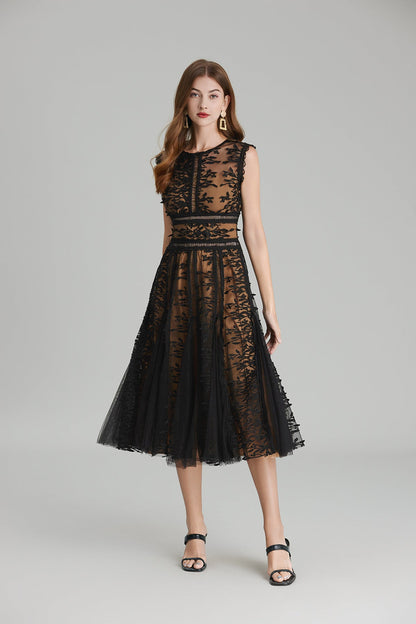 Maëlle Round Neck Mesh Embroidered Midi Dress in Beige