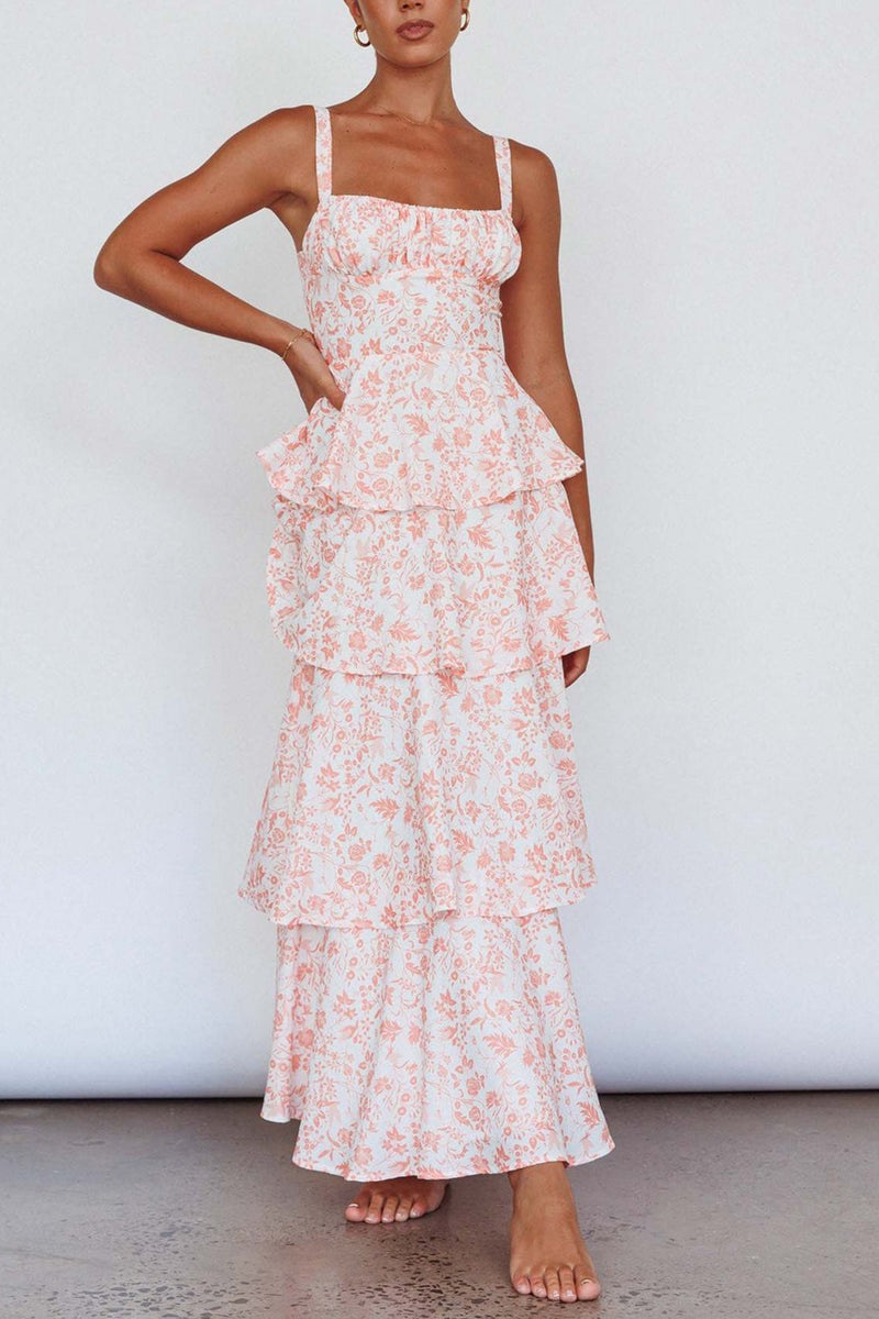 Print Tie-up Tiered Midi Dress