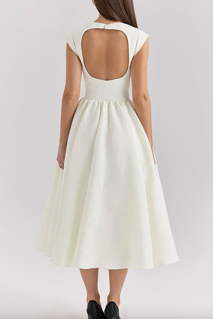 Moxidress Cap Sleeves Open Back Waisted Swing Midi Dress