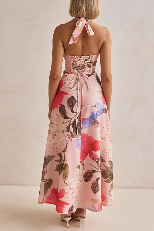 Halter V Neck Lace-up Waisted Print Maxi Dress