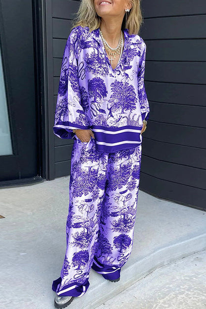 Moxidress Lapel V Neck Long Sleeves Shirt Wide Leg Pants Printed Set