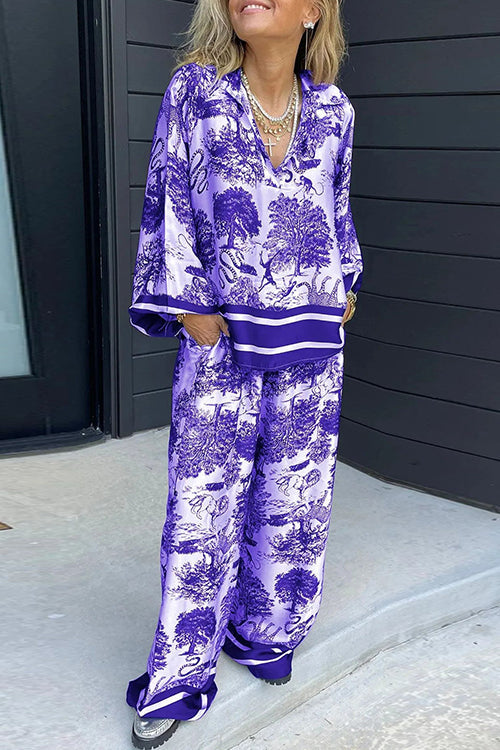 Lapel V Neck Long Sleeves Shirt Wide Leg Pants Printed Set