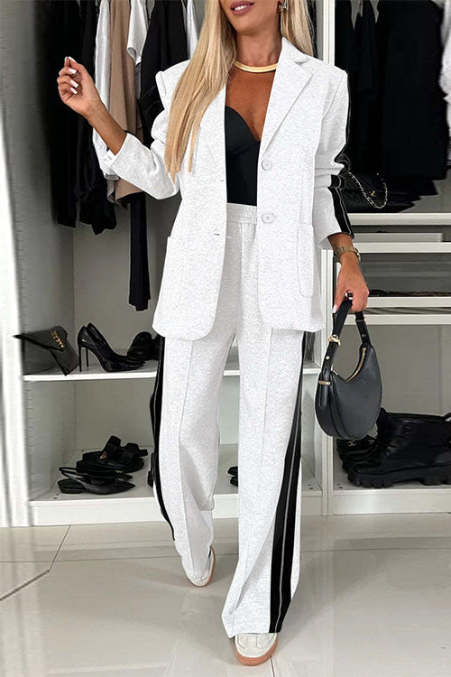 Moxidress Patchwork Notch Lapel Pocketed Blazer Elastic Waist Wide Leg Pants Set