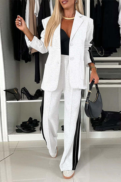 Moxidress Patchwork Notch Lapel Pocketed Blazer Elastic Waist Wide Leg Pants Set