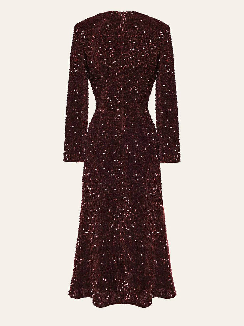 Sequin Decorated Velvet Midi Dress in Red