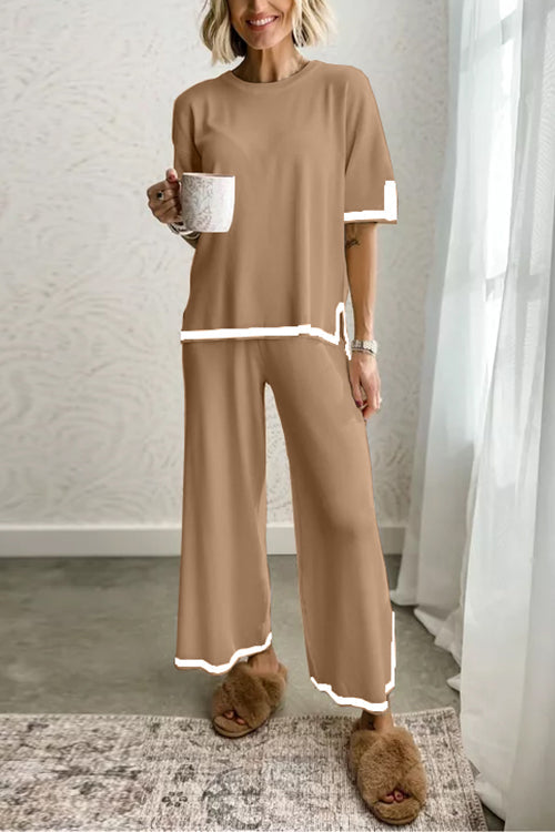 Color Block Short Sleeves Side Split Pullover Wide Leg Pants Knitting Loungewear Set