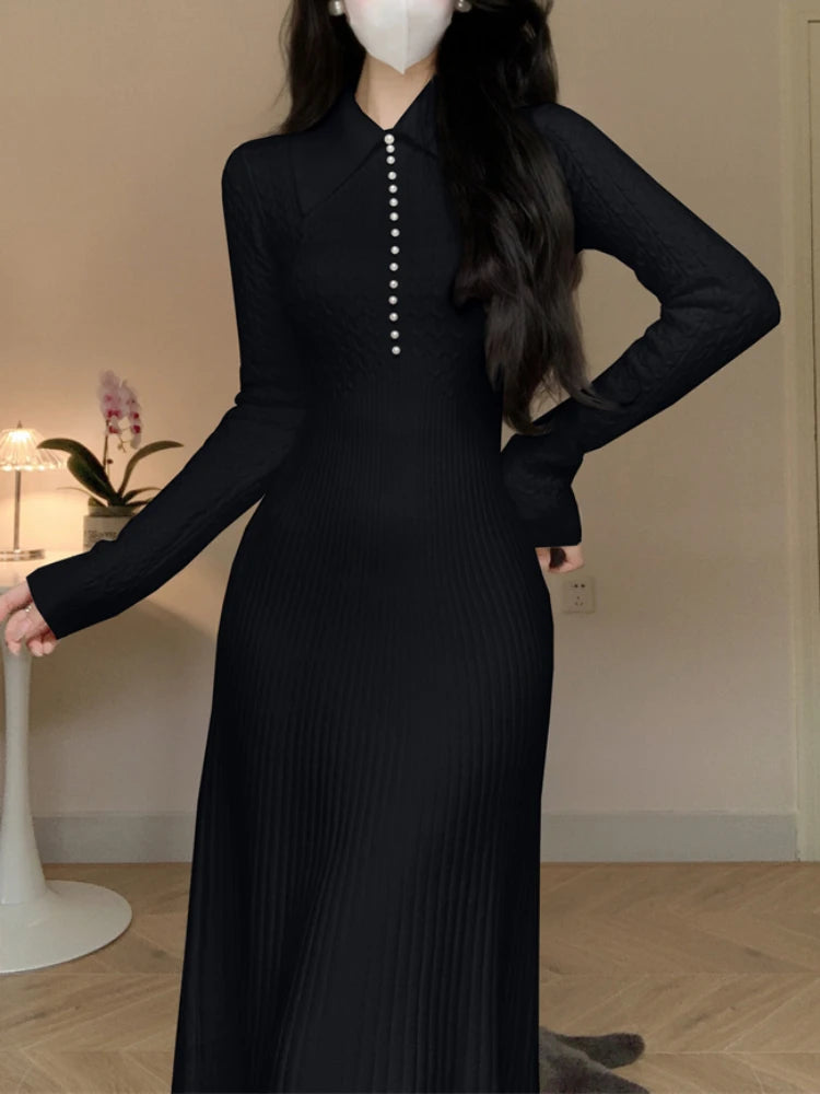 French Knitted Dress A-line Slim Long Dresses Autumn Winter Lapel Long Sleeve Sweet Sweater Dress Vestidos