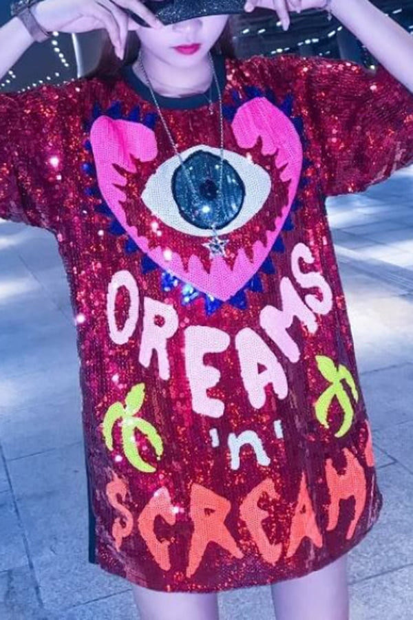 Love Eyes Letters Sequined Round Neck Short Sleeve Mid-length Loose T-shirt
