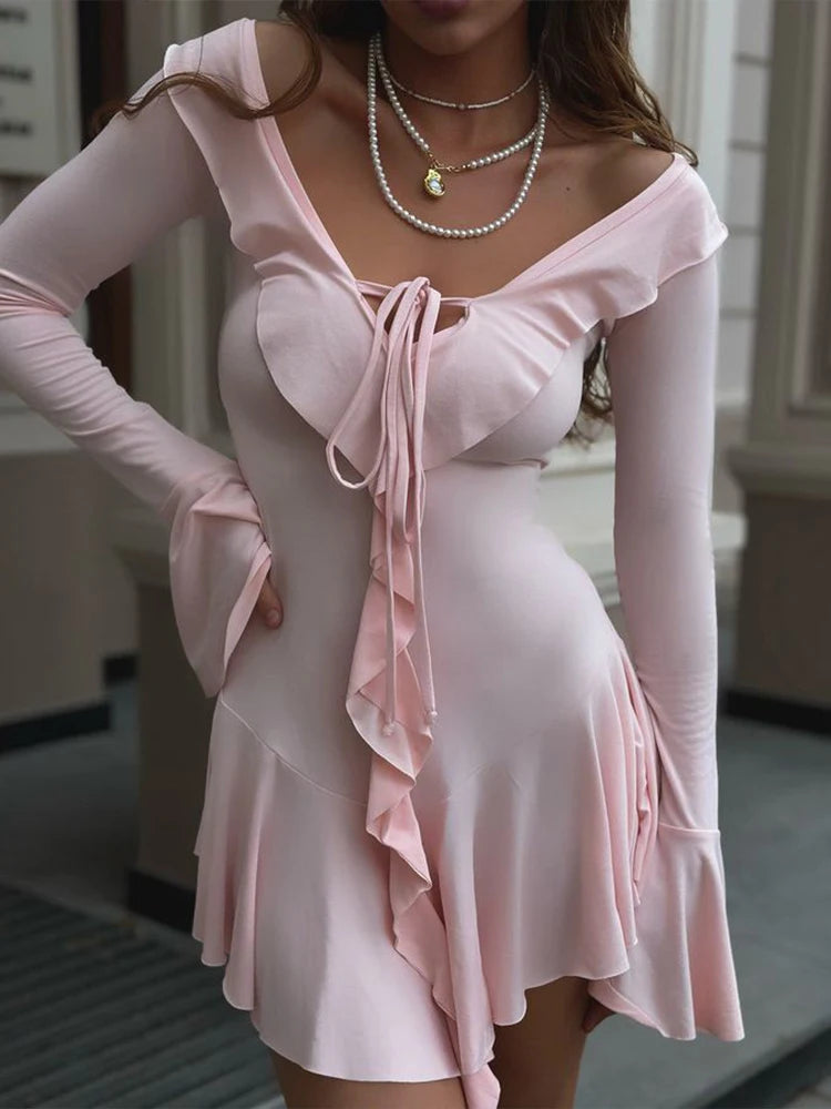 Julissa Mo Deep V-neck Ruffles Bandage Dress White Flare Sleeve Mini Dress Female Autumn Slim Beach Partywear