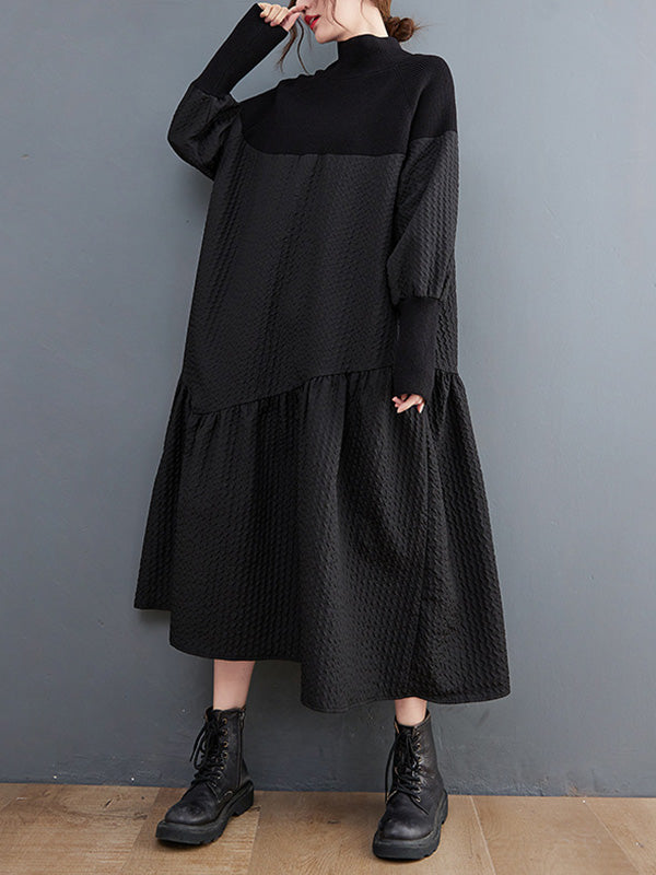 Long Sleeves Loose Split-joint Jacquard High-neck Sweater Dresses