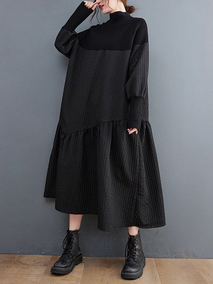 Long Sleeves Loose Split-joint Jacquard High-neck Sweater Dresses