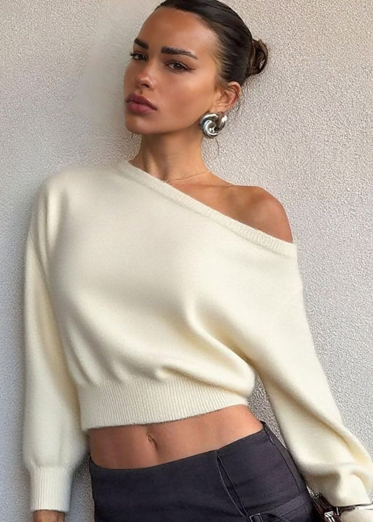 Off-shoulder Cropped Knit Sweater – Minimalist Elegance