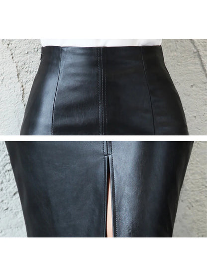 Pu Leather Midi Skirt Autumn Winter Package Hip Front or Back Slit Pencil Skirt