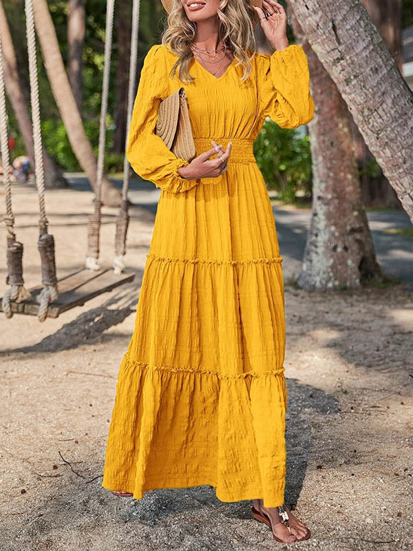 A-line Long Sleeves Elasticity Color Split-joint V-neck Maxi Dresses