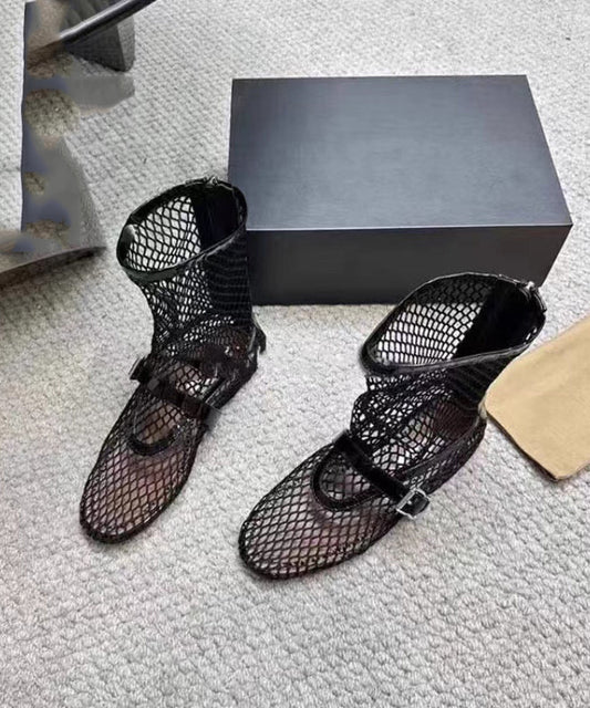 Black Hollow Out Breathable Mesh Splicing Buckle Strap Flat Boots