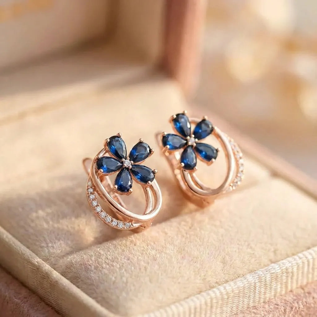 Blue Natural Zircon Flower Earrings