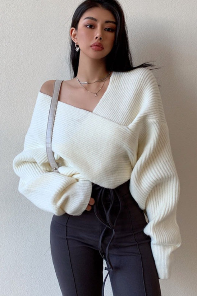 V-neck Crisscross Cold Shoulder Asymmetric Sweater