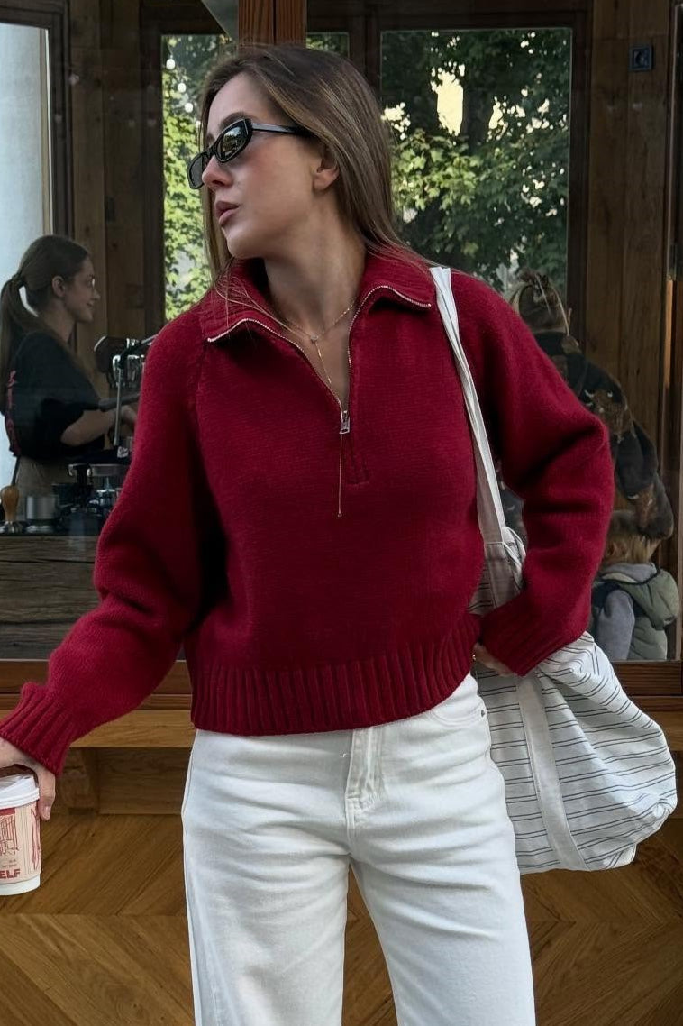 Color Notched Collar Relaxed Knit Sweater