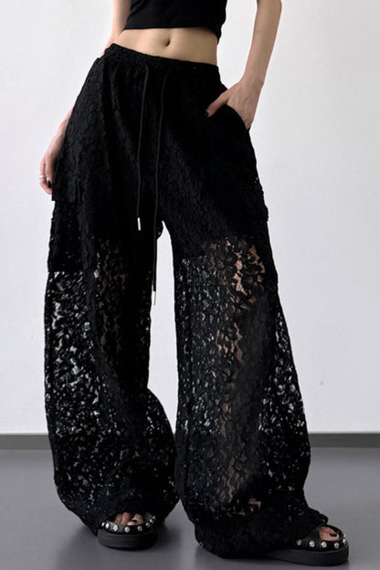 White Lace Cutout Wide Leg Pants