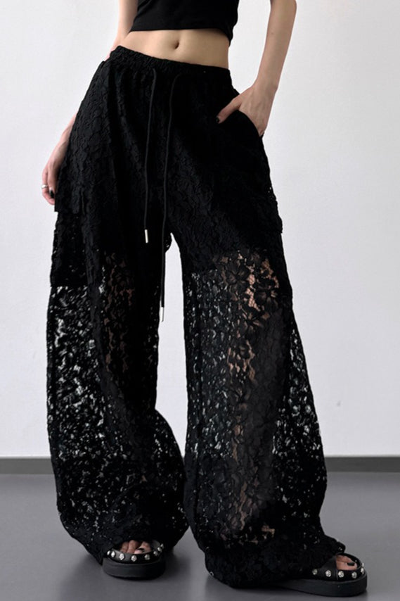 White Lace Cutout Wide Leg Pants