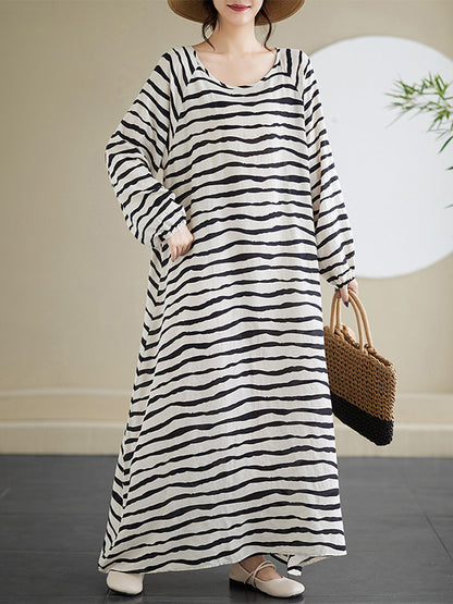 A-line Long Sleeves Contrast Color Elasticity Striped Round-neck Maxi Dresses