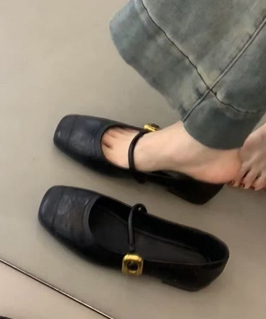 Black Cowhide Leather Splicing Flat Shoes for