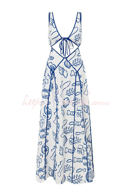 Love the Coastline Linen Blend Unique Print Cutout Tie-up Backless Maxi Dress