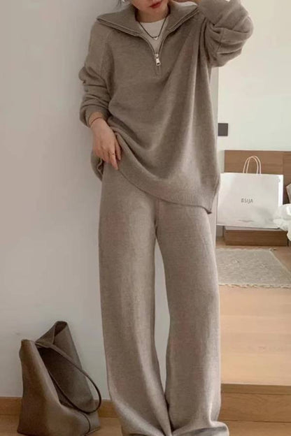 Lapel Sweater and Wide-leg Pants Two-piece Suit