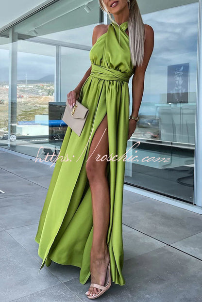 Different Effects Satin Free Tie Neck Slit Maxi Dress