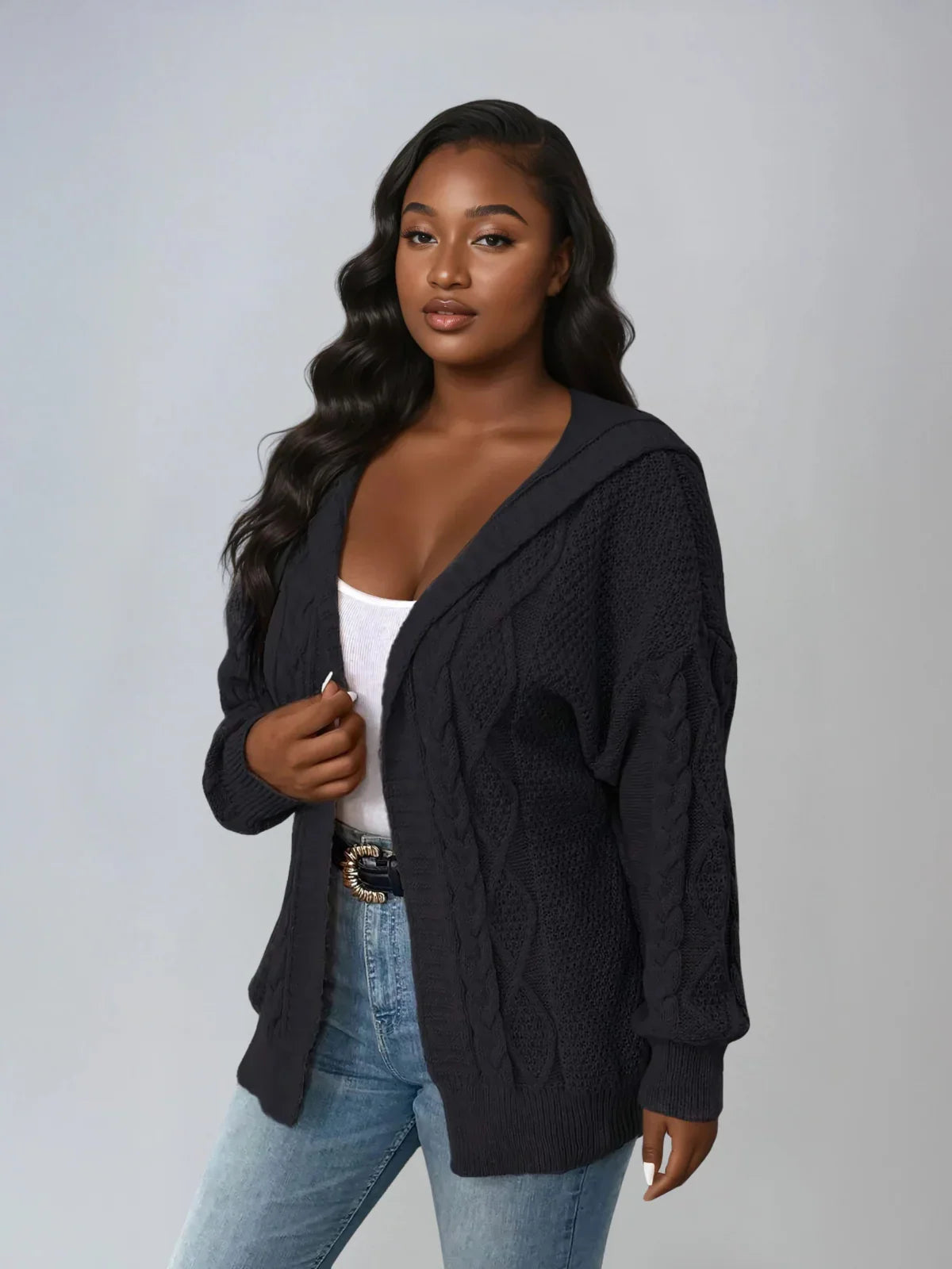Hooded Cable Knit Cardigan Open Front