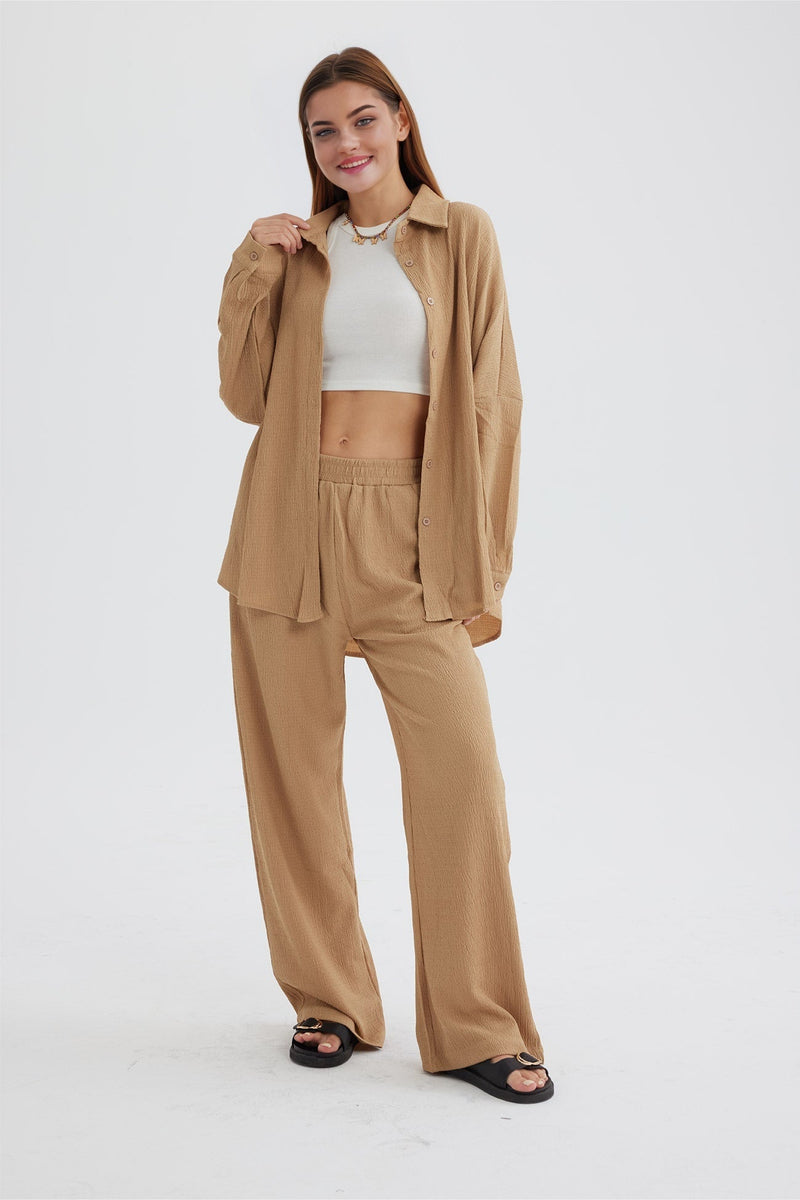 Two Piece Color Long Sleeve Shirt Long Pants Set