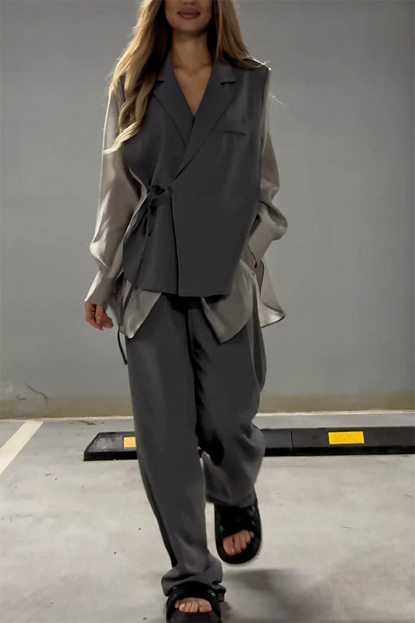 And Chiffon Patchwork Irregular Lace-up Jacket and Pocketed Straight-leg Pants Set