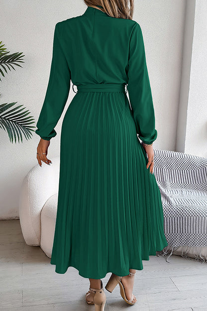 Stand-collar Long-sleeve Waisted Tie-up Pleated Midi Dress