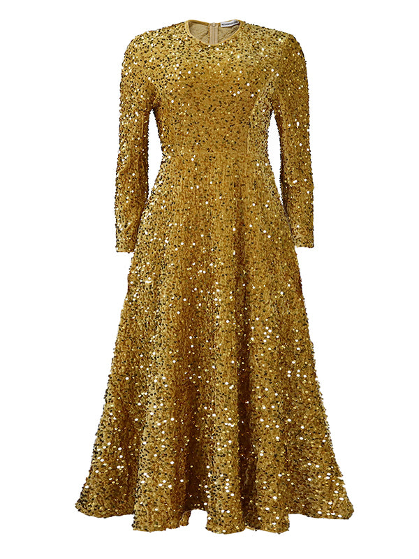 A-line High Waisted Sequined Split-joint Zipper Round-neck Maxi Dresses