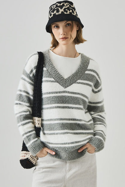 Oversized Striped V-neck Sweater