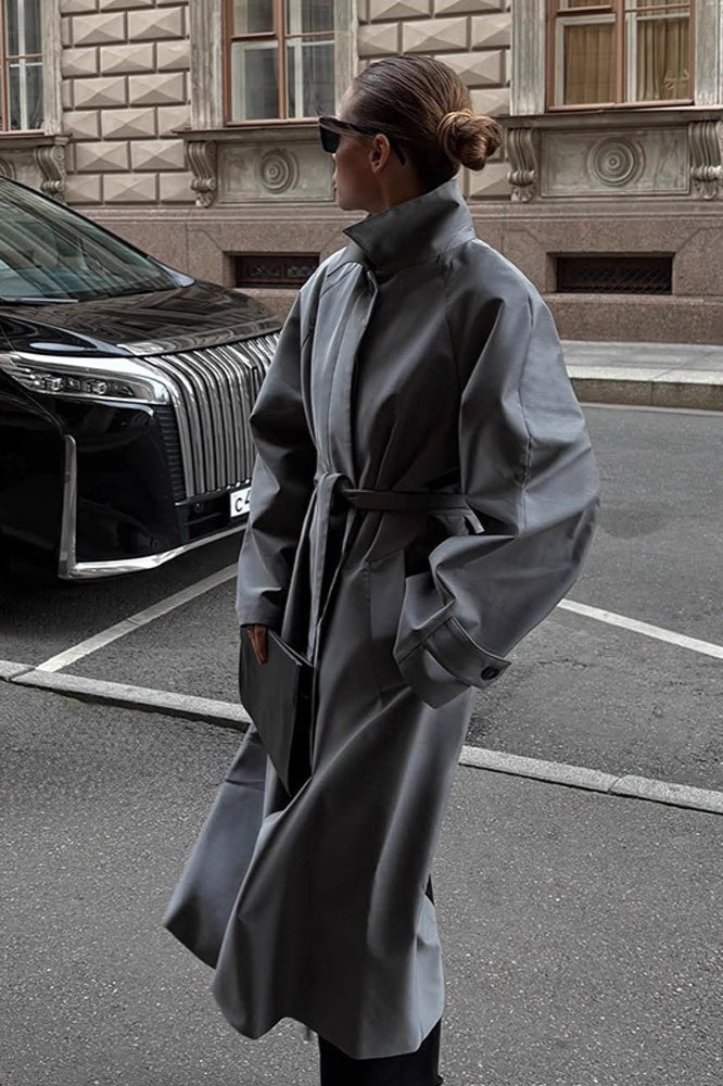 Lazy- European Color Stand Collar Belted Long Overcoat
