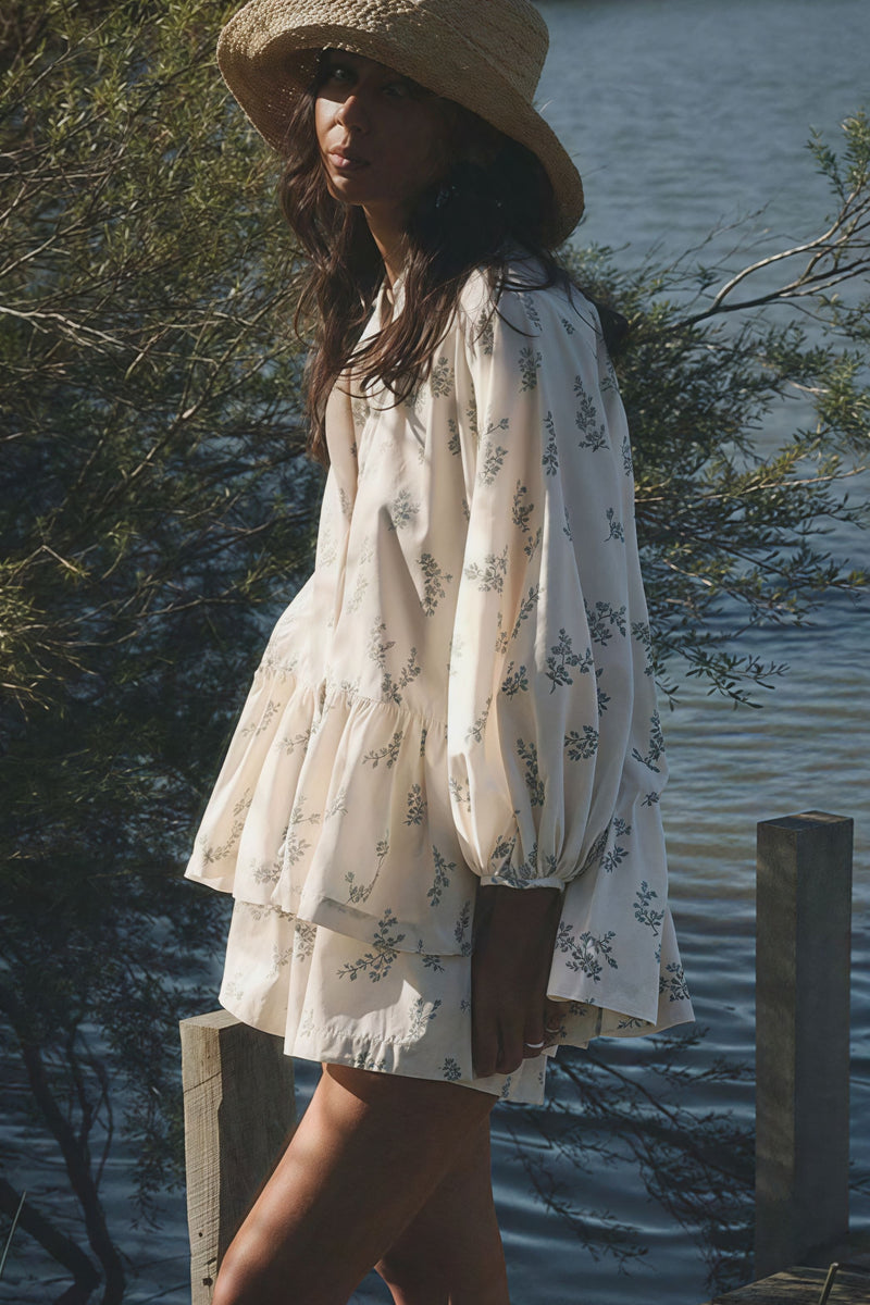 Puff Sleeve High Neck Ruffle Two Piece Set