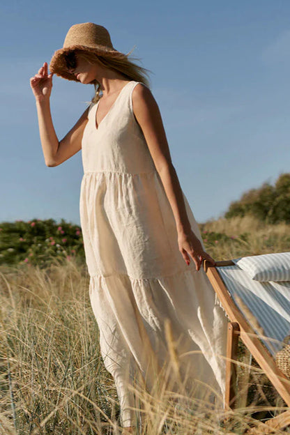 Cotton Crinkled V-neck Tiered Vest Maxi Dress
