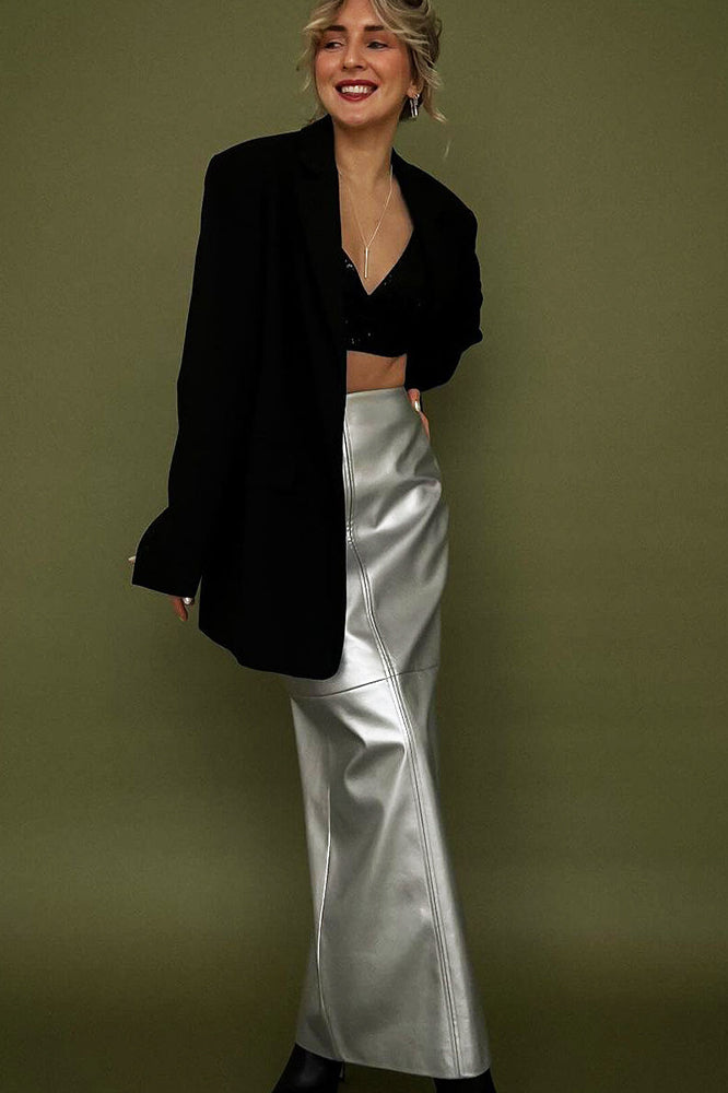 High Gloss Pu Leather Bodycon Slit Skirt