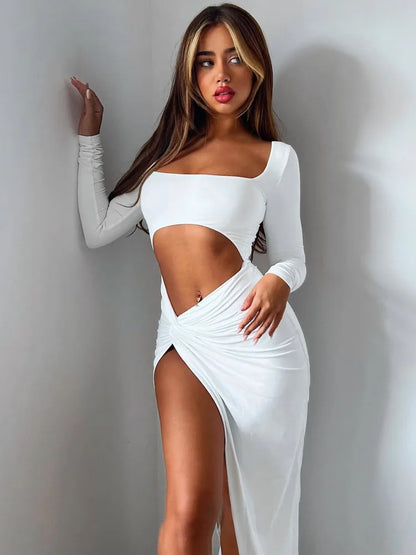 Hollow Out High Split Maxi Dress for Robe Autumn Full Sleeve Ruched Club Party Long Dress Vestido