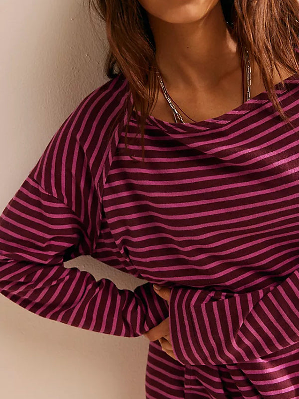 Long Sleeves Loose Contrast Color No Belt Split-joint Striped Round-neck Maxi Dresses