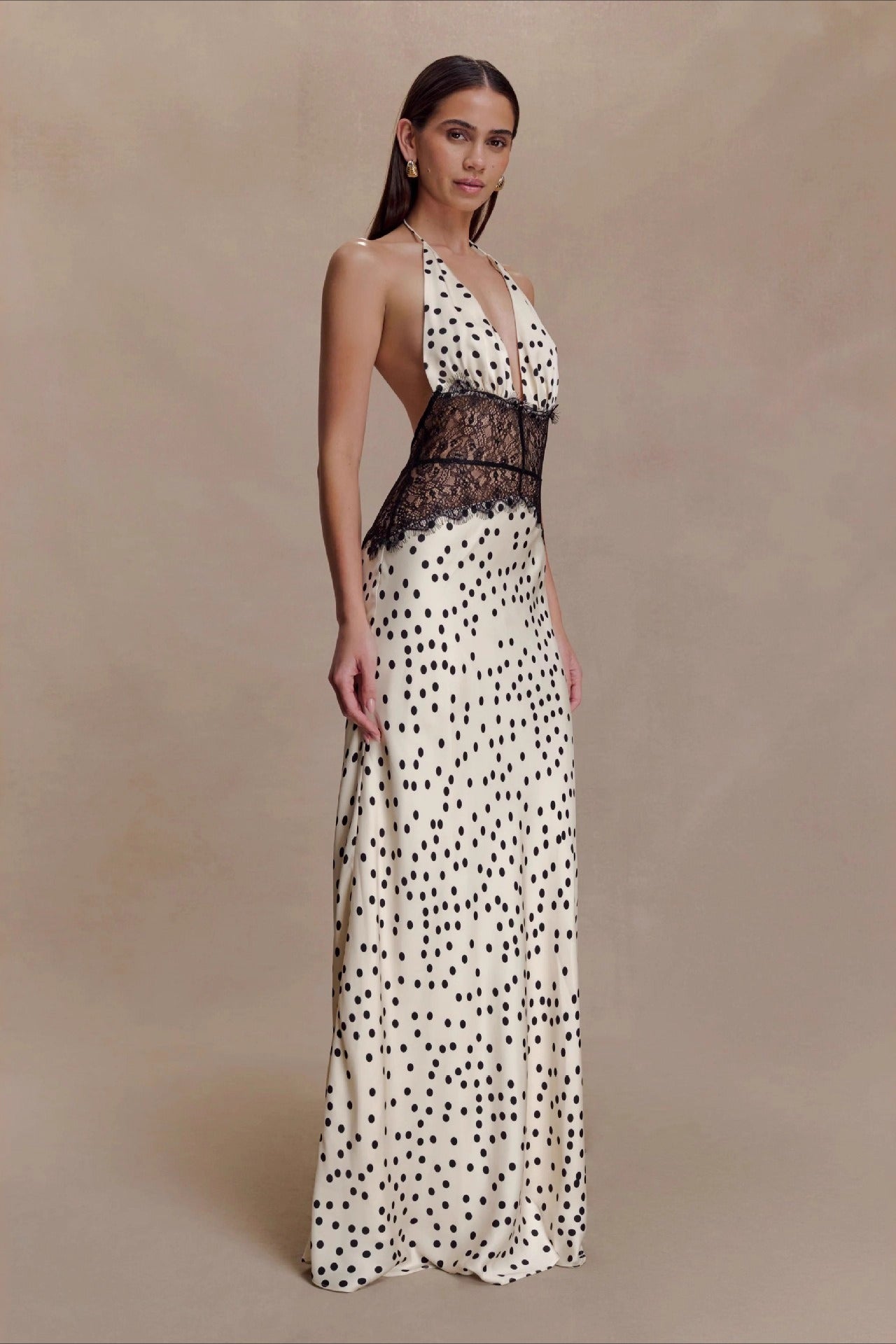 Polka Dot Lace Patchwork Deep V Backless Ruched Maxi Dress