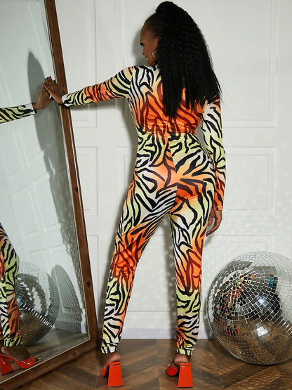 Sxy Leopard Print Jumpsuits Autumn Winter Zipper Mandarin Collar Long Sleeve One Pieces Suits