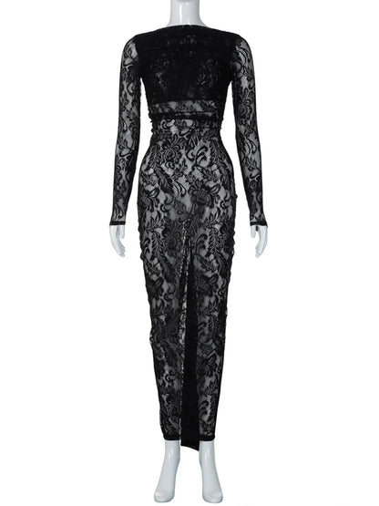 White Lace Backless Long Dress for See-through High Waist Printed Slim Hollow Out Dress ’s Party Dress