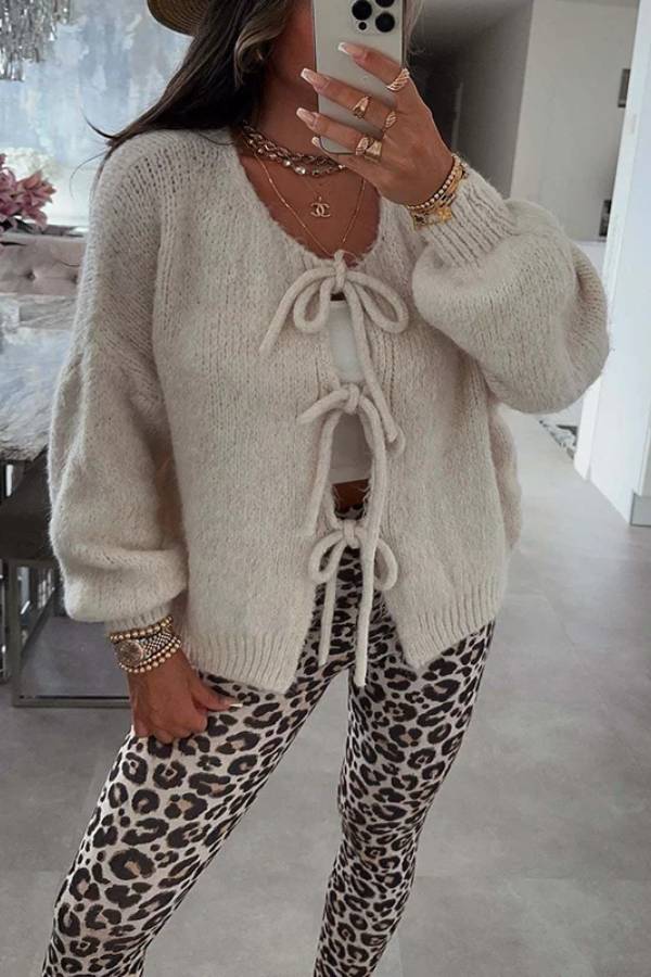 Stylish Color Crew Neck Lace-up Sweater