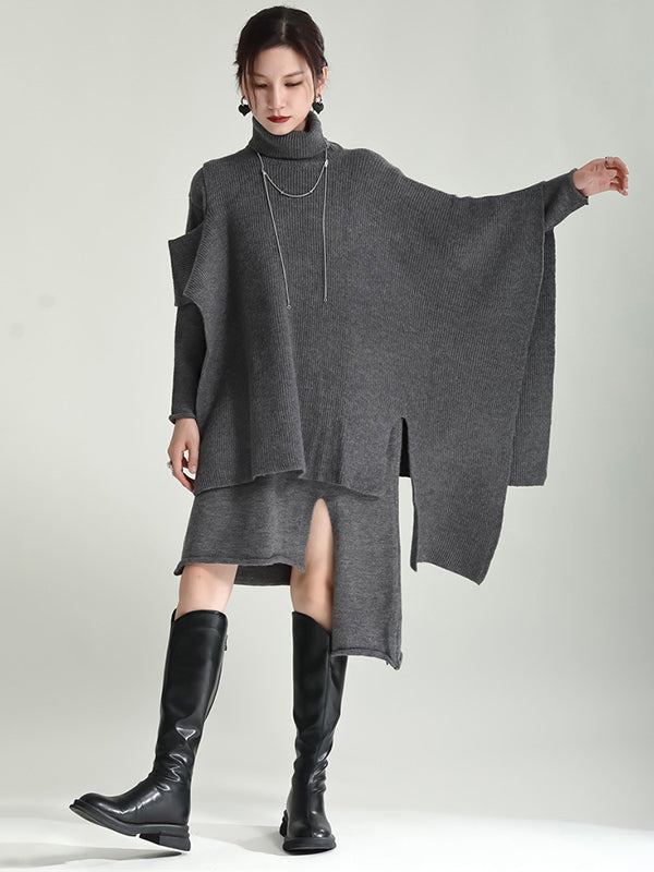Long Sleeves Loose Color High-neck Shawl&sweater Dresses Two Pieces Set
