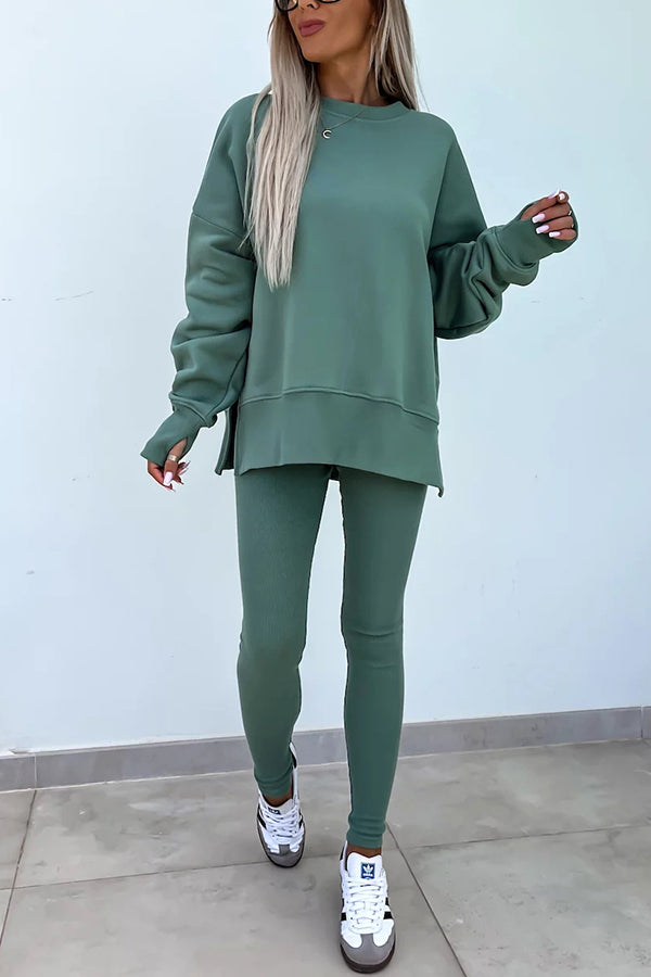 Color Loose Long Sleeve Slitsweatshirt and Elastic Waist Tight Pants Set